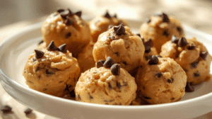 A plate of cottage cheese cookie dough bites with chocolate chips on a table.