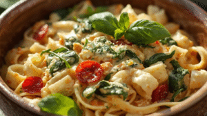 Creamy Tuscan cottage cheese pasta with spinach and sun-dried tomatoes, garnished with basil.