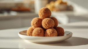 A plate of pumpkin maple protein truffles dusted with nuts.