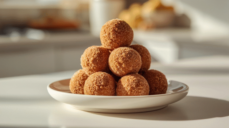 A plate of pumpkin maple protein truffles dusted with nuts.