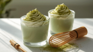 Two glass cups of light green matcha mousse with whipped cream swirls and a dusting of vibrant matcha powder on top. A bamboo whisk rests nearby for an authentic touch.