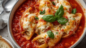 Baked stuffed shells filled with cottage cheese and topped with marinara sauce and melted cheese, served with garlic bread.