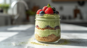 Matcha cheesecake parfait layered in a jar with berries on top, showcasing a green and golden dessert.