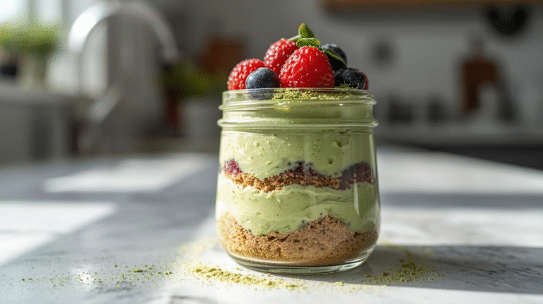 Matcha cheesecake parfait layered in a jar with berries on top, showcasing a green and golden dessert.