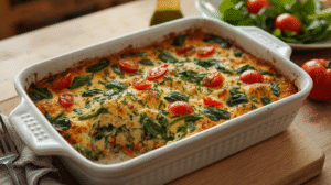 A savory cottage cheese casserole with spinach and tomatoes, golden brown on top, served in a ceramic dish.