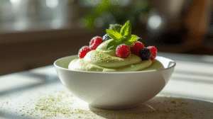 A bowl of whipped matcha mousse garnished with berries and mint, showcasing a creamy green dessert.
