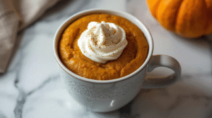 A cozy pumpkin chai mug cake topped with whipped cream, surrounded by fall decorations.