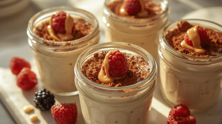 Glass jars of creamy pudding topped with cocoa and a drizzle of almond butter under soft golden light. Raspberries and blackberries toppings.