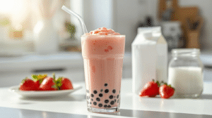 A tall glass of creamy strawberry milk tea boba sits on a marble counter under soft sunlight, surrounded by fresh strawberries and a milk jug in the background. The pink drink and glossy pearls are in sharp focus, creating a cozy café feel.