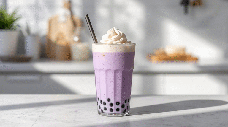A pastel purple taro milk tea with boba pearls glows in bright kitchen sunlight, with taro pieces and milk in the softly blurred background. The drink’s creamy texture and color pop make it look rich and velvety.