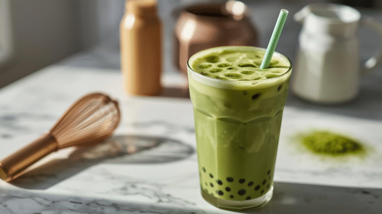 A tall glass of matcha milk tea with layers of green foam sits in bright sunlight, surrounded by blurred matcha powder and a whisk in the background. The creamy drink shines with fresh, earthy tones.