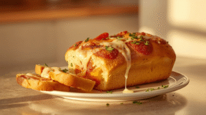 A golden loaf of cheesy pull-apart bread stretches with melted cheese under natural sunlight, surrounded by pepperoni and shredded cheese in the background. Warm, cheesy, and inviting.