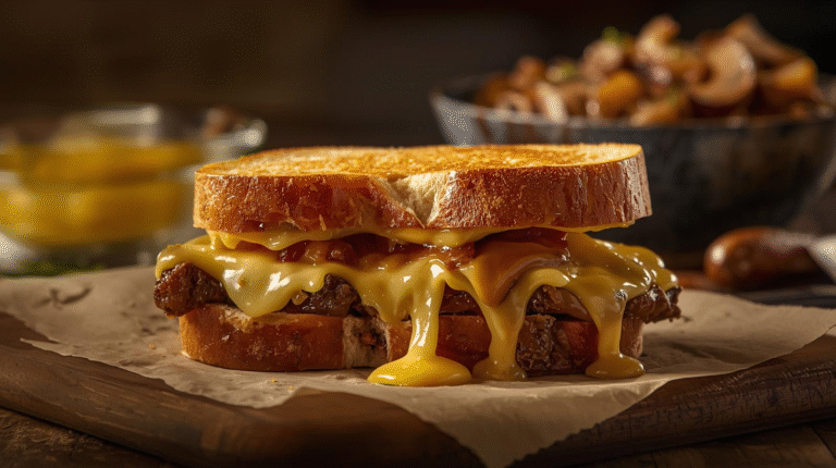 A gooey Swiss mushroom melt sandwich sits on a modern counter, cheese dripping from toasted bread. Mushrooms and onions rest blurred in the background under warm daylight.