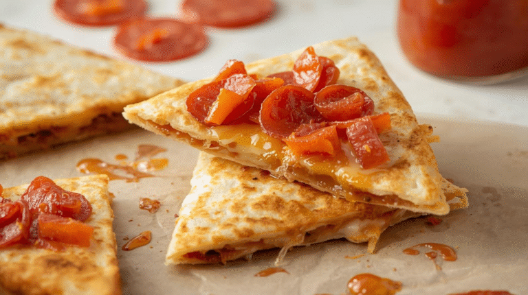 Golden pizza quesadilla triangles show a perfect cheese pull under bright kitchen light, with pepperoni and tomato sauce jars in the softly blurred background.