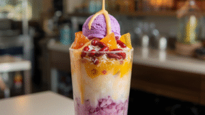 A halo-halo dessert layered with shaved ice, jellies, beans, and purple yam ice cream, topped with a drizzle of condensed milk.