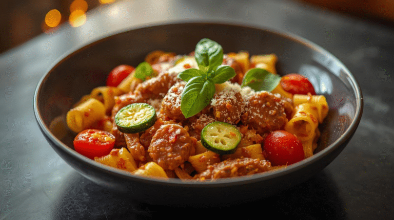 A hearty bowl of autumn sausage pasta with zucchini, cherry tomatoes, and sausage, garnished with basil and Parmesan.