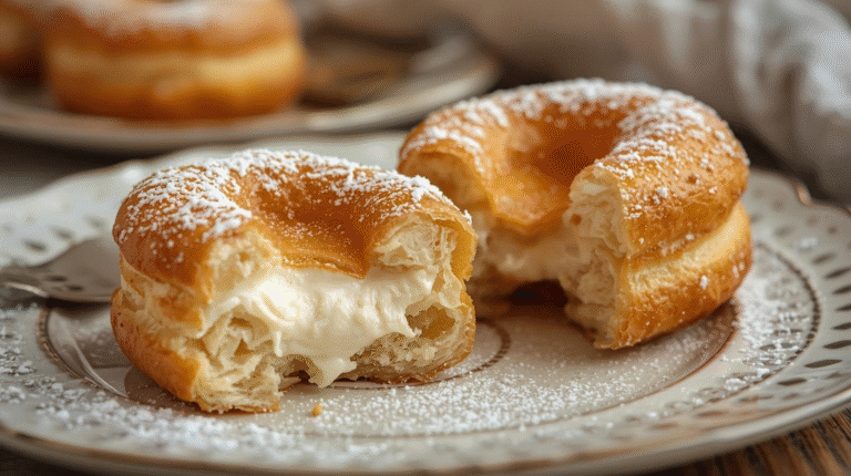 A close-up of golden layered cronuts coated in glaze, with flaky pastry texture visible.