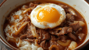 A bowl of Japanese gyudon with thin beef slices, onions, and a soft egg on top of rice.
