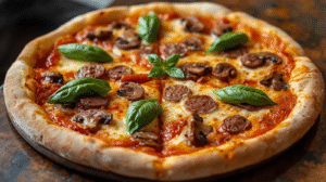 A round pizza with sausage, mushrooms, and melted cheese, sliced and ready to serve.