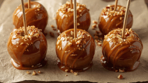 Caramel apples on sticks with shiny coating and sprinkled nuts, arranged on a baking sheet.