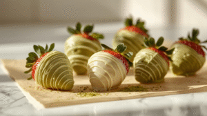 Strawberries dipped in matcha white chocolate with decorative drizzle on top, showing their glossy coating and bright color contrast.