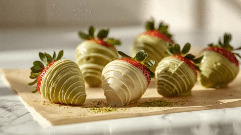 Strawberries dipped in matcha white chocolate with decorative drizzle on top, showing their glossy coating and bright color contrast.