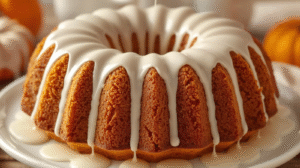 A glazed pumpkin bundt cake topped with a creamy white drizzle.