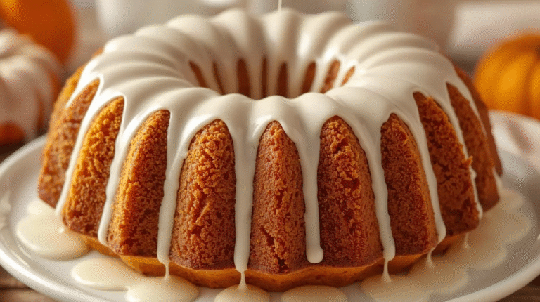 A glazed pumpkin bundt cake topped with a creamy white drizzle.