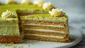 A piece of matcha tiramisu topped with green tea powder and creamy layers, presented neatly on a dessert plate.
