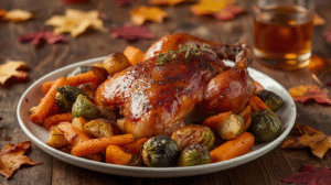 Apple cider glazed chicken on a plate with roasted vegetables and thyme garnish