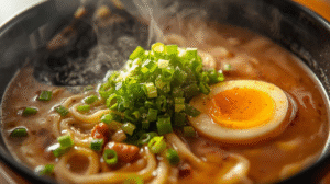 A bowl of creamy garlic ramen topped with egg, scallions, and melted butter swirl.