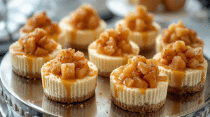 Mini caramel apple cheesecakes with glossy topping and buttery crust, arranged on a serving tray.