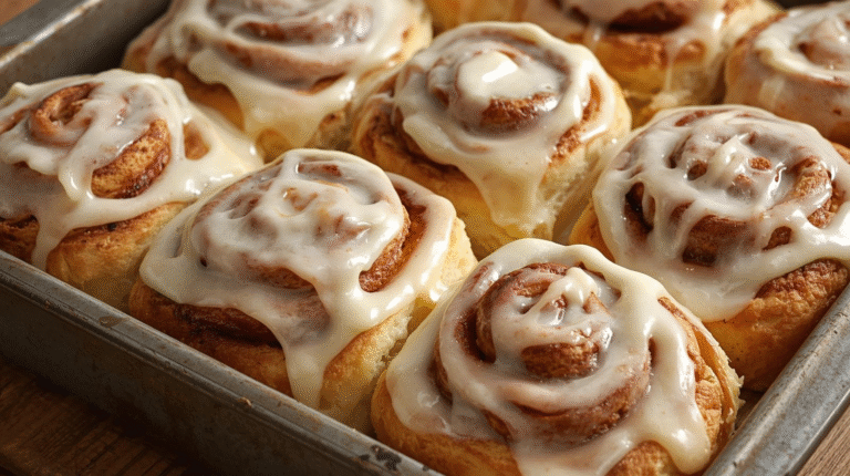 Freshly baked cinnamon rolls coated in brown butter glaze, soft and perfectly swirled.