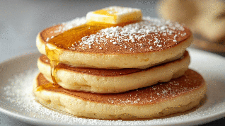Thick Japanese soufflé pancakes stacked with powdered sugar and butter, showing airy texture.
