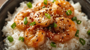 Honey garlic shrimp arranged on rice with sesame and green onion garnish, glistening in sticky sauce.