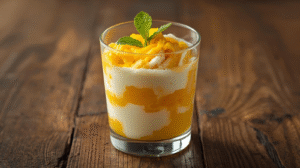 Coconut mango pudding served in glass cups with mango puree and mint on top.