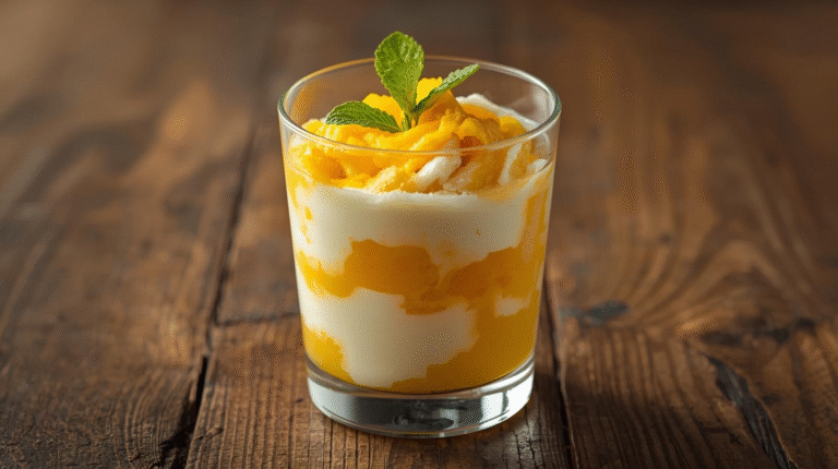 Coconut mango pudding served in glass cups with mango puree and mint on top.