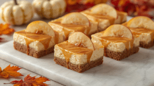 Caramel apple cheesecake bars topped with caramel sauce and apple slices