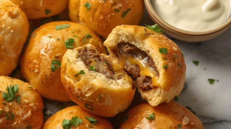 Golden garlic butter cheeseburger bombs on a plate, showcasing gooey cheese and beef filling, garnished with parsley.