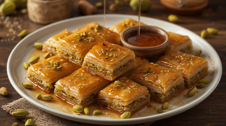 Freshly baked baklava squares topped with chopped pistachios and glossy honey syrup, highlighting crisp golden layers.