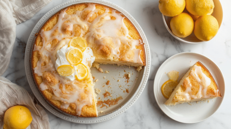 A lemon dump cake with glaze on a plate, garnished with lemon slices.