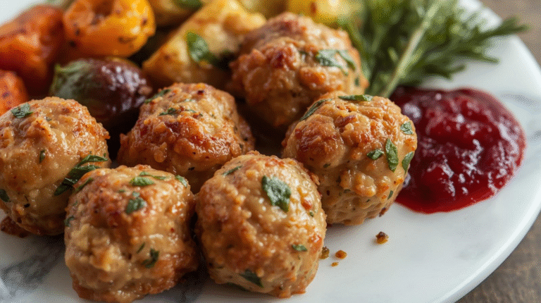 Savory apple sage turkey meatballs on a plate with roasted vegetables and cranberry sauce.