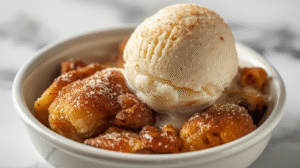 Warm snickerdoodle cobbler with cinnamon sugar topping and vanilla ice cream.