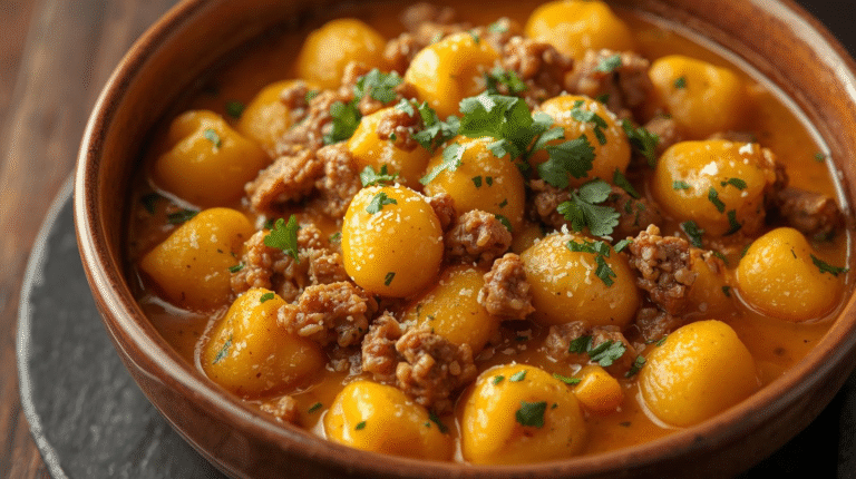Creamy butternut squash gnocchi with sausage in a bowl, garnished with parsley and Parmesan.