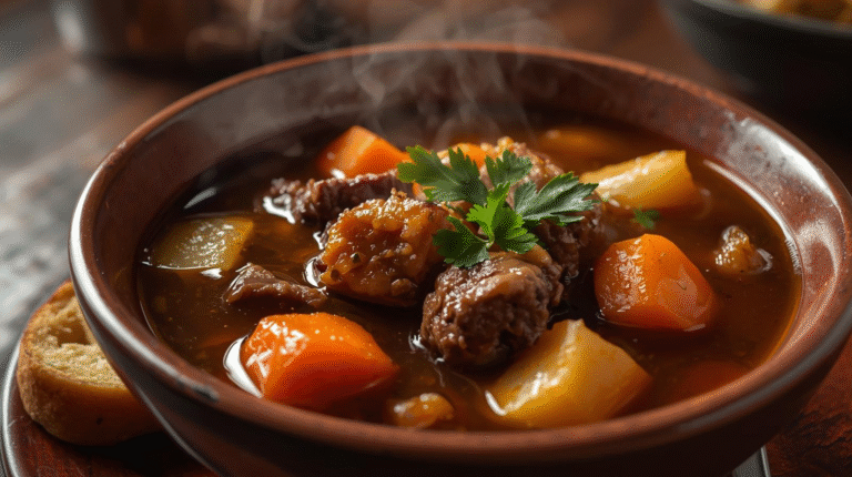A cozy bowl of beef stew with vegetables, garnished with parsley.