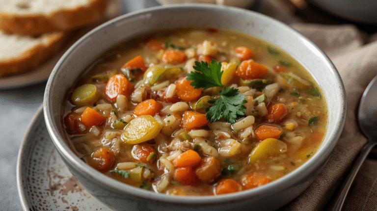 A hearty bowl of creamy wild rice soup with vegetables and parsley on a modern table with bread.