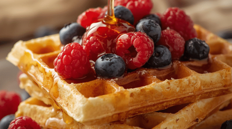 A stack of cottage cheese waffles topped with berries and honey on a rustic table.