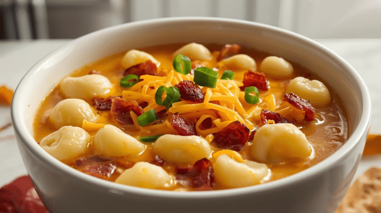 A bowl of creamy bacon cheddar gnocchi soup with crispy bacon and melted cheese, garnished with green onions.