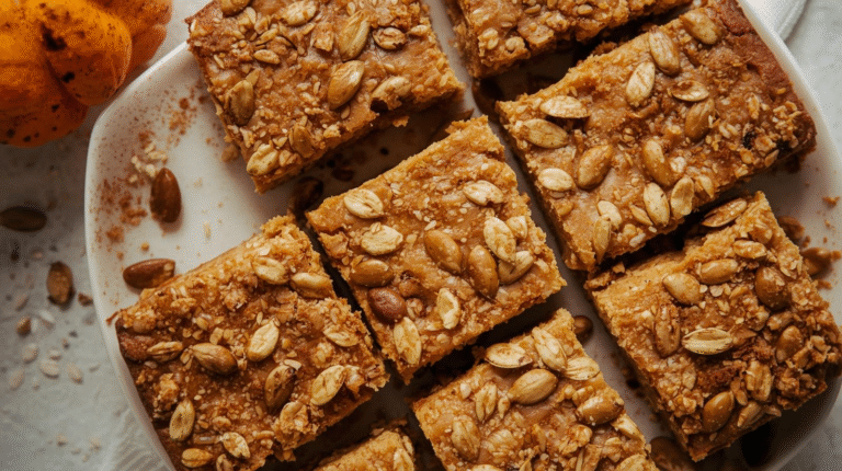 Chewy pumpkin oat bars on a plate with cinnamon and pumpkin seeds, set in a cozy fall background.