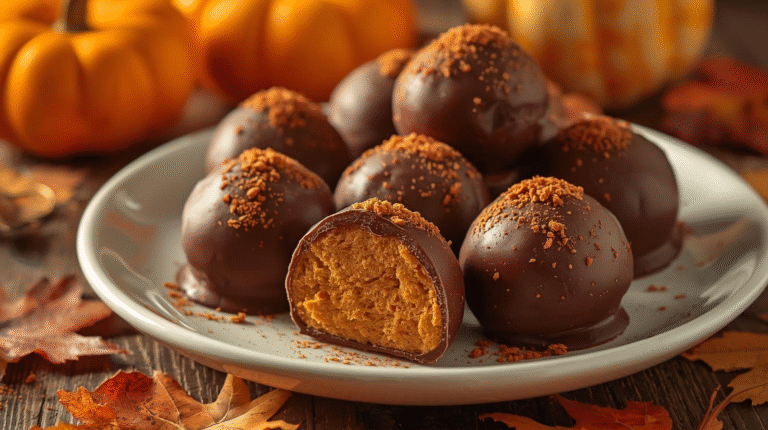 A plate of healthy pumpkin spice truffles, some coated in dark chocolate, surrounded by autumn leaves and pumpkins.